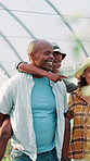 Parents, boy and farming in greenhouse with learning, piggy back and bonding with agriculture for development. African man, woman and child with point, love and sustainability for vegetable crops