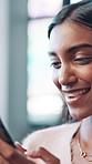 Business, smile and woman with smartphone, funny and message with communication. Person, employee and consultant with cellphone, mobile user and digital app for online humor, laugh and text with joke