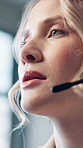 Woman, call center and headset in closeup with customer support, advice and consulting at office. Person, agent and service at help desk, contact us and microphone with voip connection at workplace