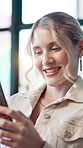 Business, smile and woman with cellphone, funny and message with communication. Person, employee and consultant with smartphone, laughing and digital app for online humor, contact and text with joke