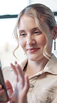 Business, smile and woman with smartphone, typing and message with communication. Person, entrepreneur and consultant with cellphone, mobile user and app for online humor, contact and text with joke