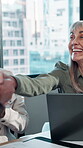 Meeting, handshake and mature woman with smile, laptop and teamwork for marketing strategy and planning. Creative,  and shaking hands for deal in business, collaboration and agreement for people