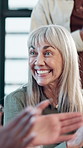 Mature, business woman and applause at conference for success, achievement or excellence. Smile, clapping hands and celebration in office with manager for milestone, praise or talk to team at seminar