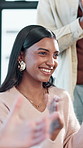 Celebration, business woman and applause at conference for success, goal achievement and congratulations. Smile, clapping hands and audience cheers in office for milestone, praise or award at seminar