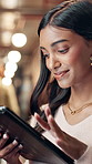 Business, smile and woman with tablet, connection and message with communication. Person, employee and consultant with tech, internet and digital app for online reading, social media and webiste info
