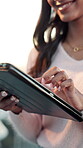 Smile, employee and hands with tablet, research and browsing for information on web and social media. Planning, marketing manager and person with tech for audience engagement, online and business