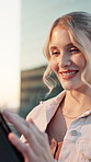 Business, smile and woman with tablet, outdoor and message with copywriting. Creativity, employee and consultant with tech, online reading and digital app for project and website info for company