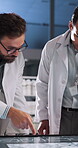 Lab, scientist and team with interactive display, research and analysis on web and gene sequence. Clinic, medical professional and people with tech for forensic science, screen and review of evidence