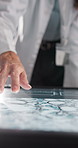 Hands, scientist and screen in lab for research, microbiology test and experiment with virus analysis. Medical science, person and interactive display for innovation, medicine development and study 