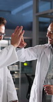 Night, research and men with science, conversation and planning with experiment. People, scientists and employees in laboratory, discussion and test for vaccine treatment, feedback and cooperation