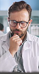 Research, thinking and man with decision, laptop and planning with science, results for experiment and choice. Person, scientist or employee in lab, pc or test for vaccine development, idea or review