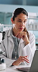 Science, microscope and woman in laboratory with laptop for research, development or test. Report, results and scientist with equipment for online medical study, innovation and biotech engineering
