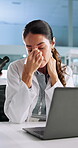 Scientist, woman and headache with stress by laptop, pressure or medical study mistake at night. Science fail, deadline and doctor with burnout, frustrated and negative online research results in lab