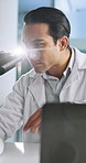 Science, microscope and man in laboratory with tablet for research, development or test. Digital app, results and scientist with equipment for online medical study, innovation or biotech engineering
