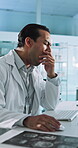 Scientist, man and yawning in lab by computer, burnout or fatigue for neurological medical study at night. Typing, research notes and tired neurologist working late on Alzheimers clinical trial