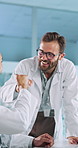 Science, men and happy in lab with fist bump, medical collaboration and research findings on computer. People, tech and hand gesture in office for vaccine achievement, teamwork success and innovation