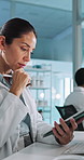 Tablet, scientist thinking and woman research for medical test, virus analysis or planning. Science, pen and digital technology in lab for problem solving, medicine development or idea for insight