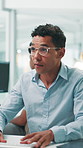 Glasses, coding and business man in office for software update, game development and typing. Keyboard, serious developer and computer for programming online, creative design and test app for project