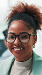 Happy, confident and face of businesswoman in office for finance internship with career development. Smile, glasses and portrait of financial advisor with pride for investment learning in company.