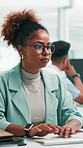 Typing, software developer and business woman in office for update, game development or writing data. Keyboard, serious programmer and computer for coding, creative design and test app for project