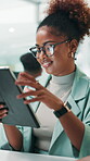Office, businesswoman and happy with tablet for reading, research information and ux developer. Career, female person and web designer with digital for connection, software update and smile for seo