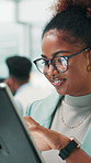 Office, businesswoman and happy with tablet for research, reading information and ux developer. Career, female person and web designer with digital for connection, software update and smile for seo
