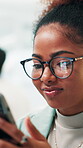 Businesswoman, digital and chat with smartphone in office, workplace and online for communication. Glasses reflection, female person and consultant with mobile for app, social media or break for text