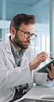 Scientist, man and tablet with digital notes for biology, breakthrough or medical research. Biotech, laboratory and report with bacteria, DNA study and pharmaceutical RNA for pathology experiment
