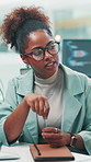 Discussion, programmer and woman with ideas, office and employee with glasses for project or coding. Business, developer and black person with task for script, talking or productivity for programming