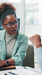 Teamwork, programmer and woman with ideas, office and employee with glasses for project and coding. Business, developer and people with task for script, discussion and productivity for programming