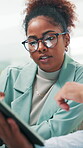 Collaboration, programmer and colleagues with tablet, office and woman with glasses for coding and ideas. Teamwork, developer and people with tech for programming, script and discussion in business