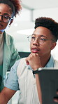 Discussion, programmer and group with tablet, office and colleagues with smile for coding and online. Business, developer and people with tech for programming, planning and team with ideas for script