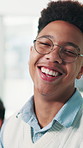 Laughing, confident and face of man in office for finance internship with career development. Happy, glasses and portrait of male financial advisor with pride for investment learning in company.