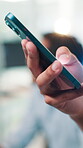 Closeup, hands and typing with smartphone in office, workplace and online for communication. Connection, business person and consultant with mobile for application, social media and break for chat