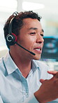 Office, businessman and customer service with headset for call center, consulting and agent for support. Workplace, male person and consultant with communication for questions, helping and assistance
