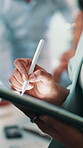 Developer, web and person with tablet, hands and programming with stylus for debugging and employee. Business, programmer and testing with tech for coding, online and research for software on app
