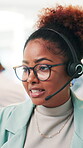 Office, businesswoman and customer service with headset for call center, consulting and agent for support. Career, female person and consultant with communication for questions, helping or assistance