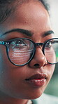 Woman, glasses and computer in office for programming, software development and problem solving. Reflection, programmer and face in agency for cybersecurity, coding update or thinking with technology