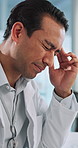 Scientist, man and laboratory with headache for research, medical study and anxiety for sample results. Healthcare, pharmaceutical and biologist with fatigue, burnout and stress for computer mistake