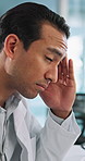 Scientist, man and laboratory with burnout for headache, medical study and anxiety for sample results. Healthcare, pharmaceutical and biologist with fatigue, fear and stress for computer mistake