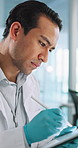 Tablet, science and man research for healthcare, innovation or writing chemistry report. Medical scientist, pen or digital technology for medicine development, problem solving or study in laboratory