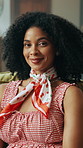 Face, relax and woman with smile, lounge and student on break in apartment, chilling and comfortable. Resting, happy and person on sofa in house, calm and positive mindset for weekend or living room