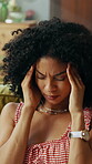 Anxious, thinking and woman with headache, home and worried about rent, unemployment or living room. Pressure, reflection and person with migraine in lounge, contemplating or stress for debt in house