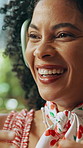 Woman, funny and laughing with headphones in home for streaming comedy radio, podcast joke or track humor. African person, face and audio technology for album playlist, weekend break or enjoying song
