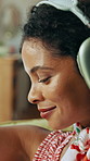 Woman, happy and dancing with headphones in home for streaming radio, feel good music and album rhythm. African person, sofa and audio technology for groovy playlist, weekend entertainment and energy