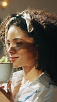 Happy, morning and woman with coffee in home for thinking, daydreaming and inspiration. Window, relax and African person smile with beverage, hot drink and tea in house for calm, peace and wellness