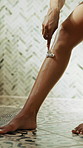 Beauty, woman and shaving legs in bathroom for morning routine, depilation and skincare in home. Hands, girl and hair removal with razor tool for personal hygiene, self care and cleaning for wellness