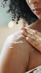 Skincare, hands and person with cream, healthy and exfoliation to remove dead skin cells and home. Wellness, self care and lotion for antiaging benefits, moisture and treatment for body or cosmetics