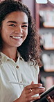 Happy woman, teacher and face in school with tablet, academic schedule or information. Educator, stylus or laugh in library with technology, communication or typing on digital app for teaching agenda