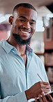 Happy businessman, face and writing with tablet at library for bookeeping, checklist or publishing. Portrait, black man or librarian with technology or notes for literature research or inventory list